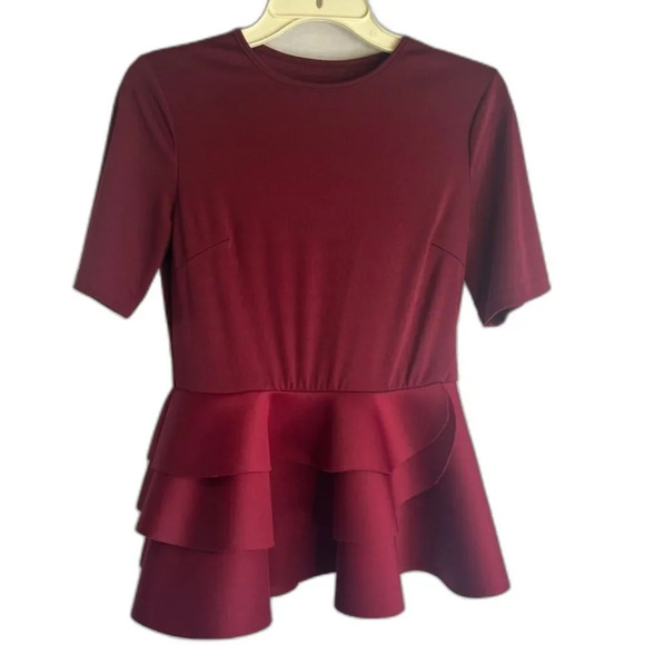 Structured Peplum Fit & Flare Short Sleeve Top Burgundy Size Medium‎ - Picture 1 of 10